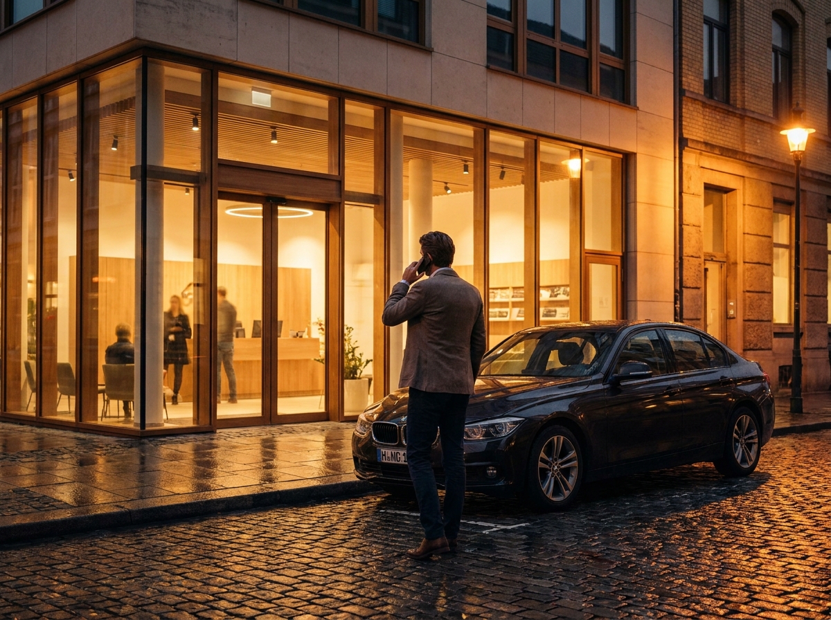 A car rental branch lit warmly in the evening, a customer arranging a weekend car on the phone.