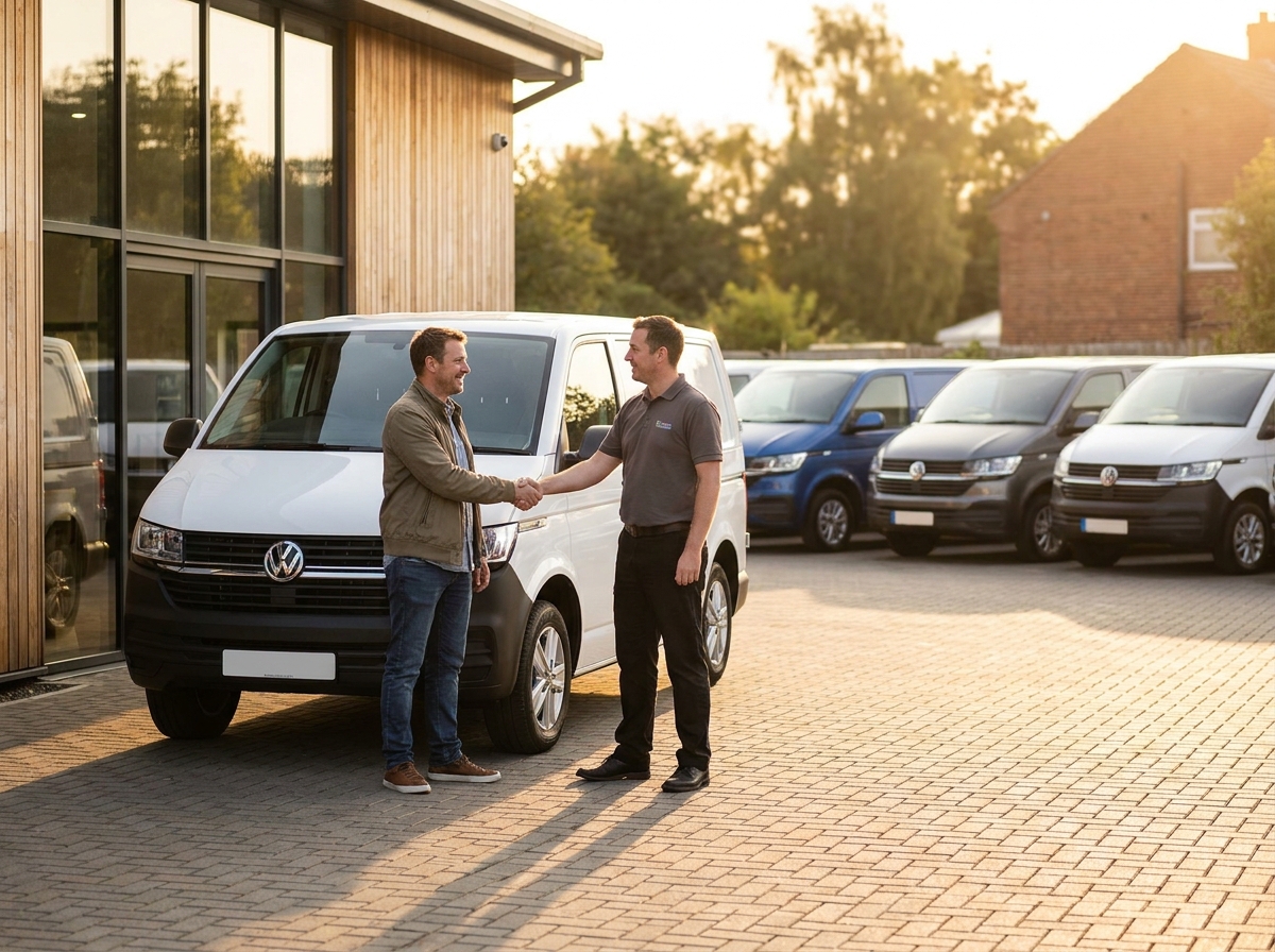 A customer collecting a hire van at a bright modern rental depot in daylight.