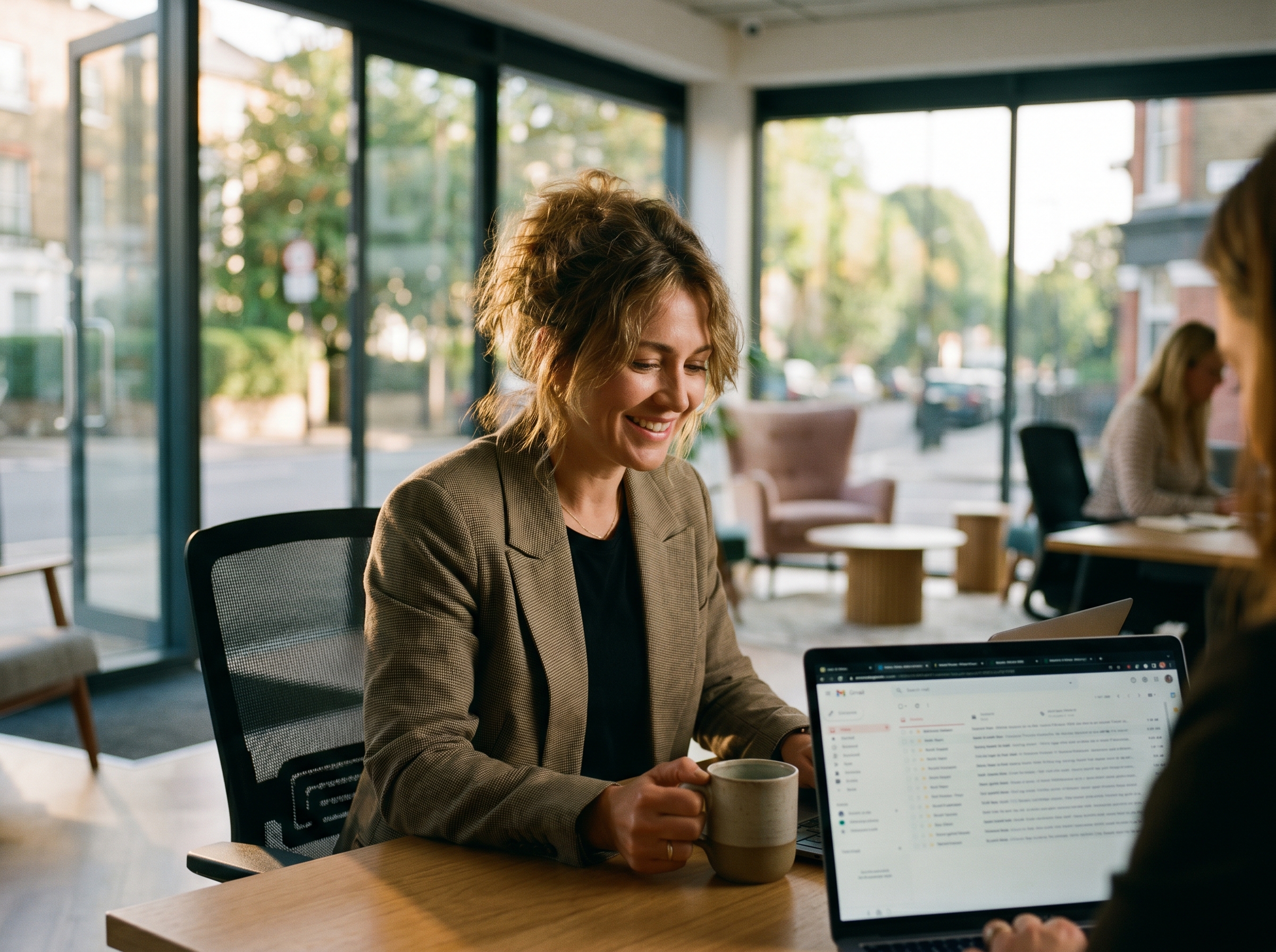 A rental office manager at a laptop reviewing quote emails in a bright modern office.