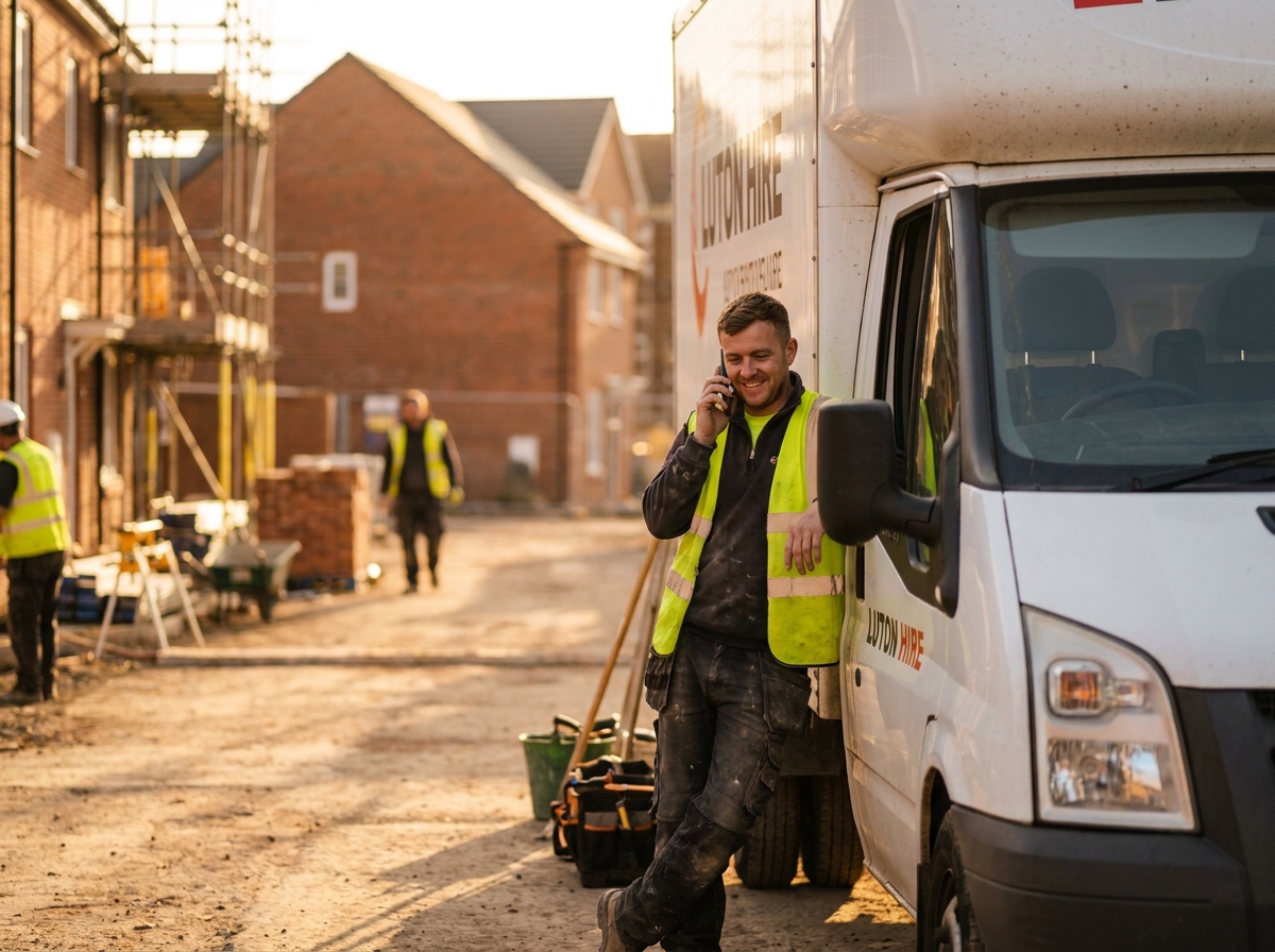 A tradesperson beside a hire van on a job site, checking their phone in daylight.