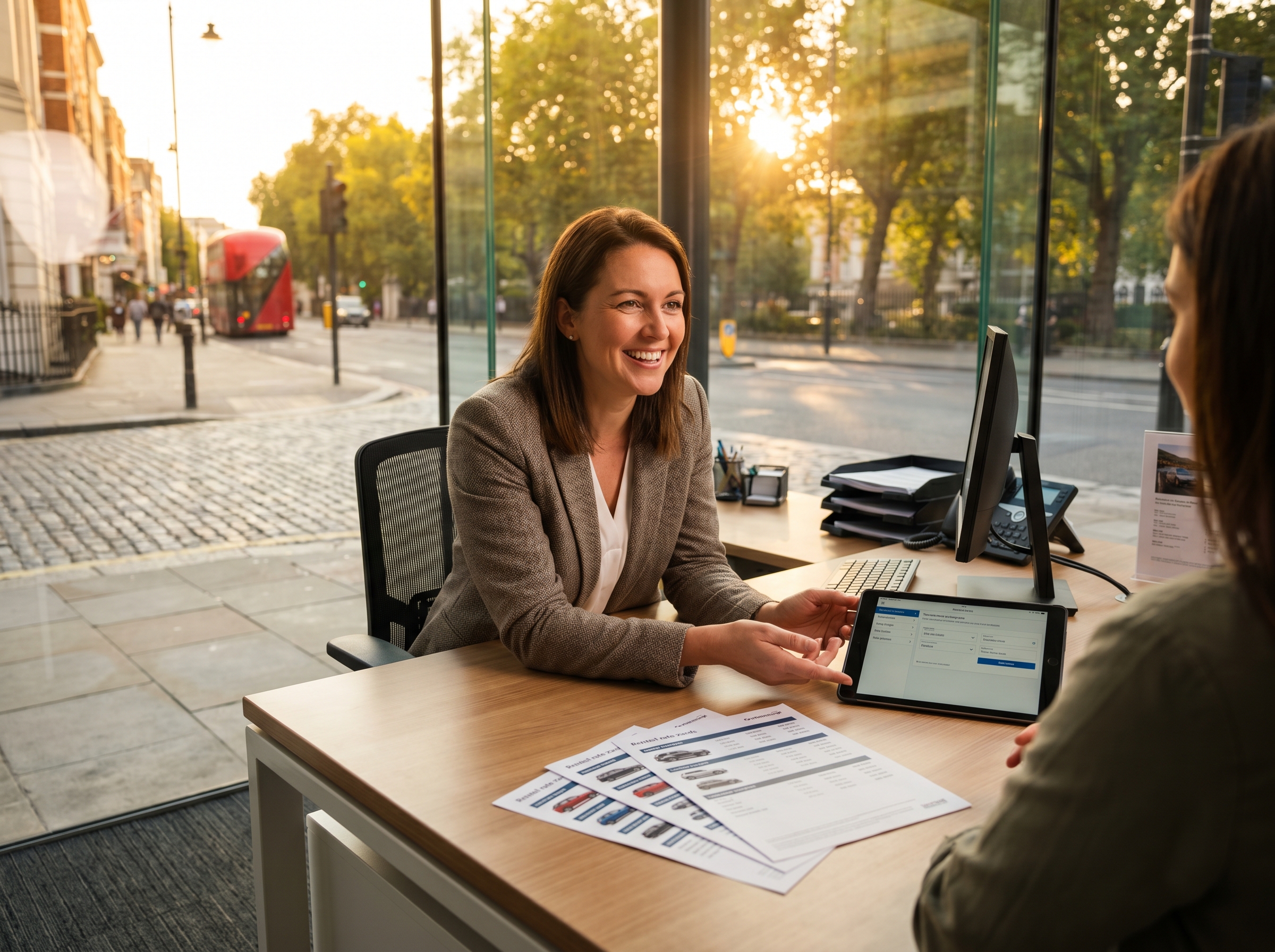 A rental branch manager at a clean workstation with rate cards and hire terms in a bright office.