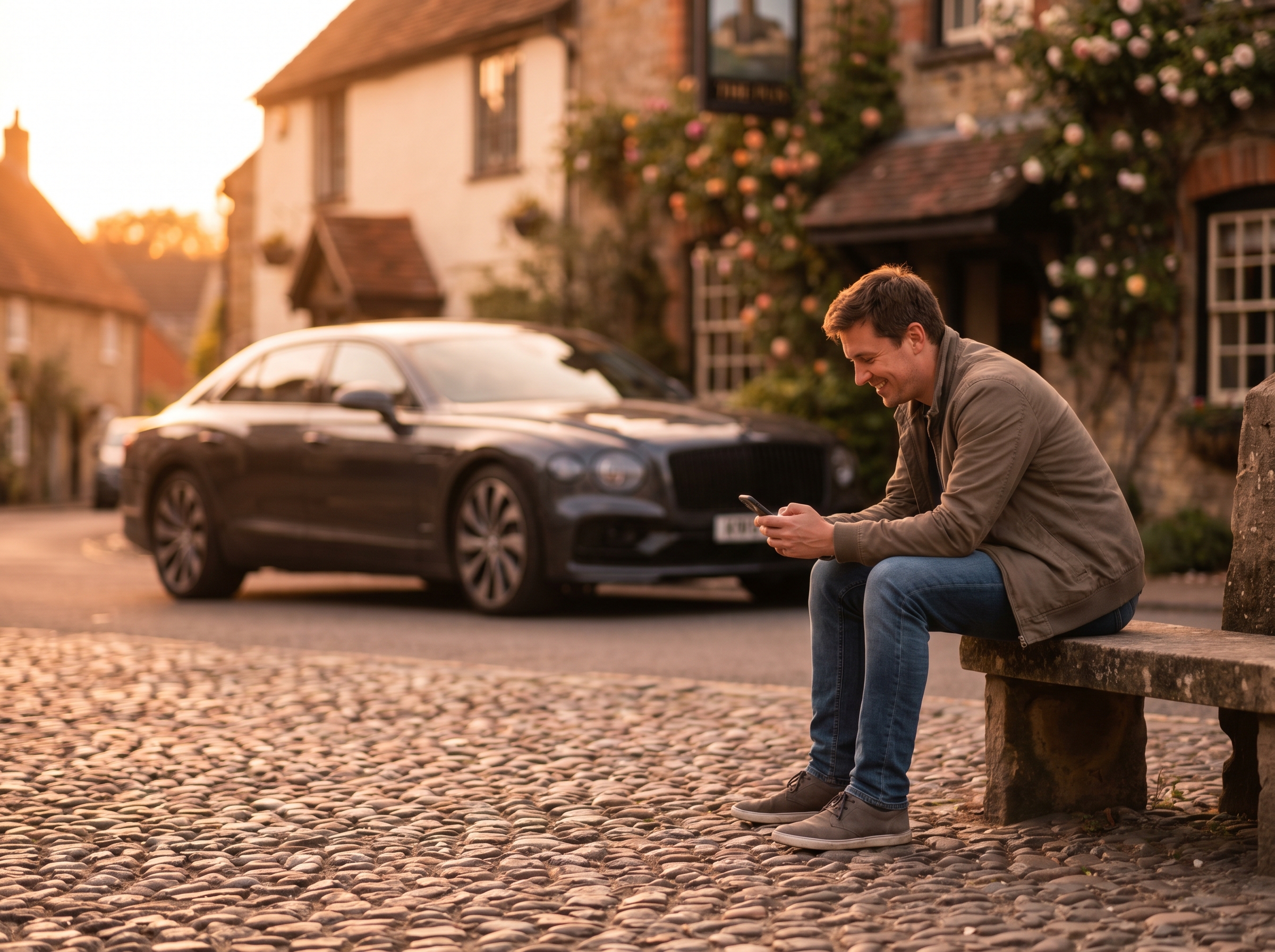 A customer messaging a car hire firm on a phone in the evening, a prestige car in the background.